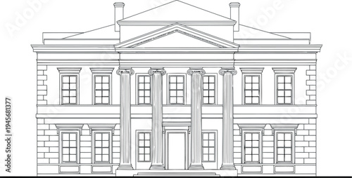 A detailed architectural drawing of a neoclassical building facade isolated on transparent background