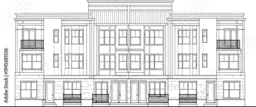 Architectural drawing of a multi story building facade isolated on transparent background