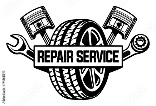 Automotive Repair Service Emblem With Car Tire Pistons And Wrenches, Professional Garage Mechanic Logo Design For Auto Maintenance Shop