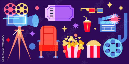 Movie and cinema vector flat transparent geometric icons set. Multimedia neon colors design elements on black background