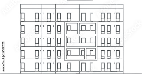 Architectural drawing of a multi story building with many windows isolated on transparent background