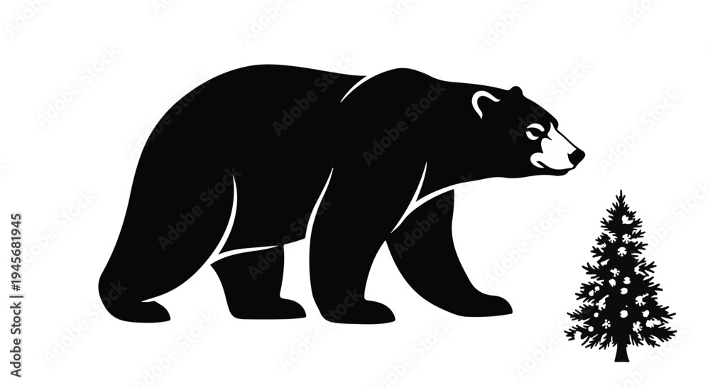 Obraz premium Large, powerful black bear profile walks beside a small, dense evergreen tree, both rendered as stark black shapes against a plain white backdrop.