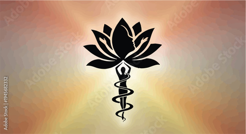 Black silhouette of a person coiled around a snake ascends toward a large, open lotus flower against a warm, softly lit gradient background of orange and yellow hues.
