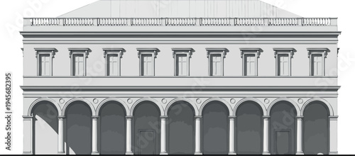 A grayscale architectural illustration of a building facade isolated on transparent background