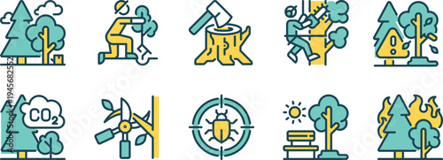 Illustrations depicting various forestry and environmental activities and issues