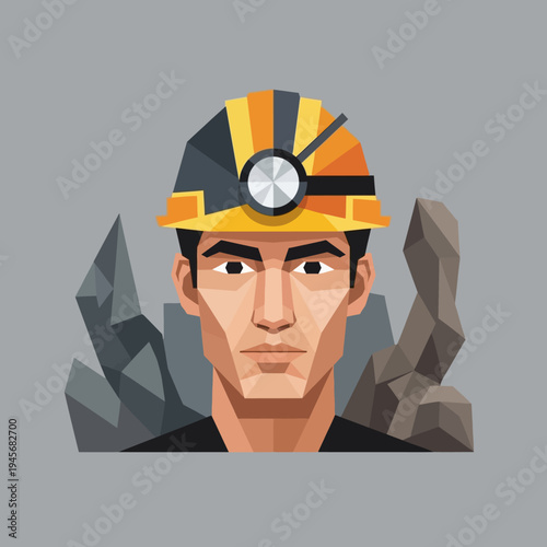 Miner Portrait, Hard Hat with Lamp, Geological Rocks, Mining Industry Concept