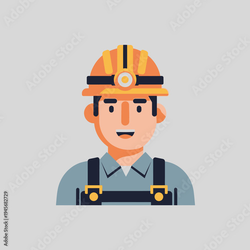 Miner wearing hard hat with headlamp, illustration, construction worker, safety gear, professional occupation