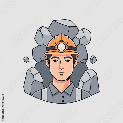 Miner Wearing Hard Hat with Headlamp, Surrounded by Rocks, Mining Industry Concept