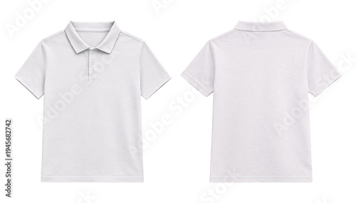Blank White Short Sleeve Polo Shirt Mockup, Front and Back Views Isolated on Transparent