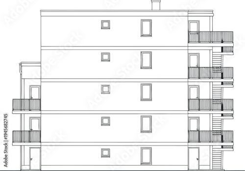 Architectural drawing of a multi story building with balconies isolated on transparent background