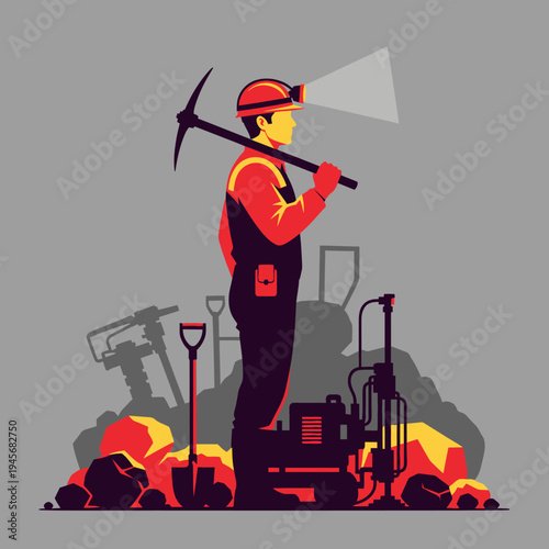Miner with pickaxe and headlamp, mining equipment, rocks, and ore