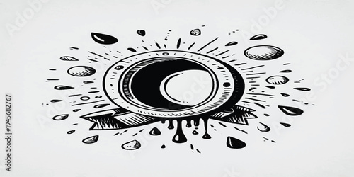 Hand-drawn ink circle frame with ribbon and splashes, abstract design element, black and white, copy space, grunge art