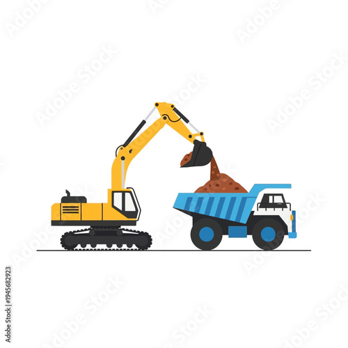 Excavator Loading Dirt into Dump Truck - Construction Machinery Working
