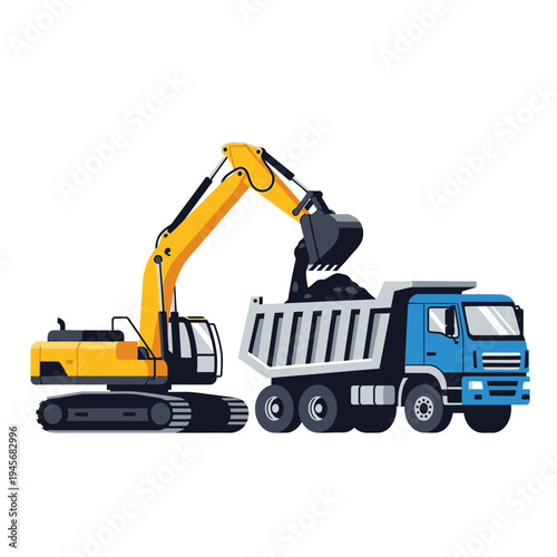 Excavator Loading Dirt into Dump Truck Construction Site Heavy Machinery