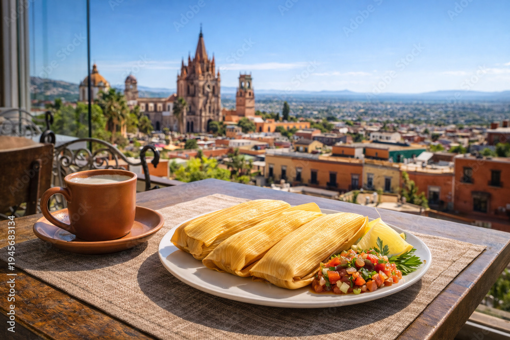 Naklejka premium Traditional Mexican Tamales with Atole on Outdoor Café Table Overlooking Scenic San Miguel de Allende at Sunrise