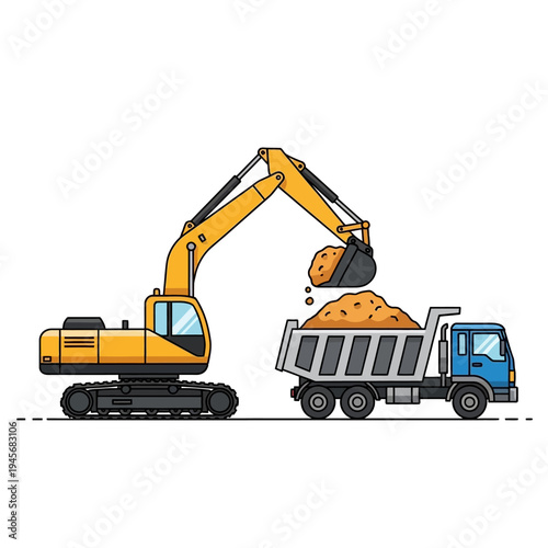 Excavator Loading Dirt into Dump Truck on Construction Site