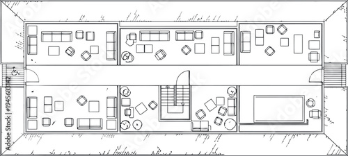 A blurry black and white floor plan image of a building isolated on transparent background