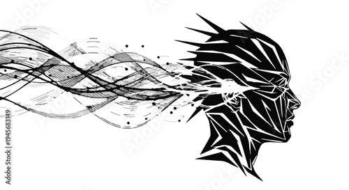 The profile silhouette of a human head is fractured into sharp, geometric shards that dissolve into flowing, dark abstract wave patterns.
