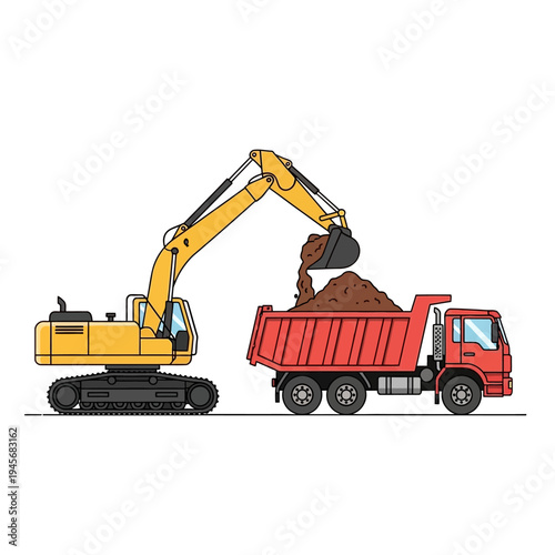 Excavator loading soil into a dump truck at a construction site.