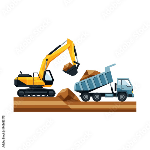 Excavator Loading Soil into Dump Truck at Construction Site