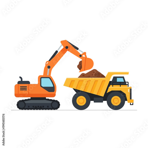 Excavator Loading Soil into Dump Truck on Construction Site