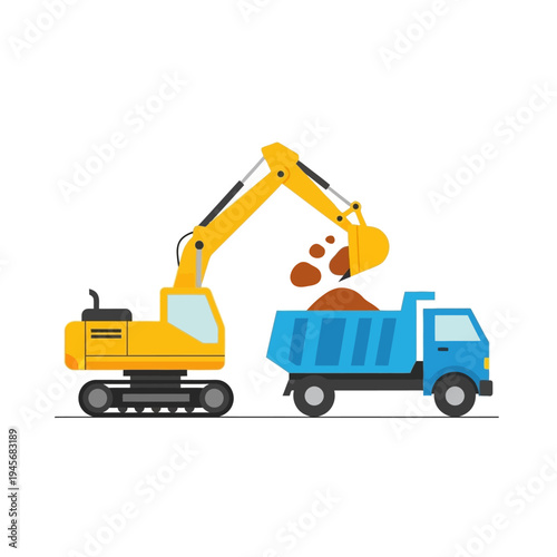 Excavator Loading Soil into Dump Truck on Construction Site