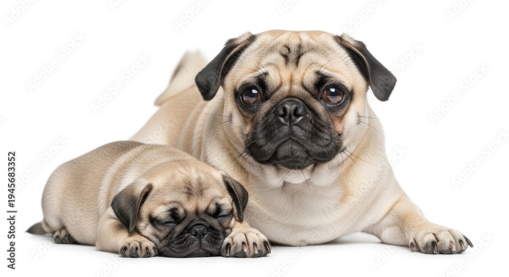 Obraz premium Close Up Portrait of a Pug Mother and Her Cute Blue Puppy