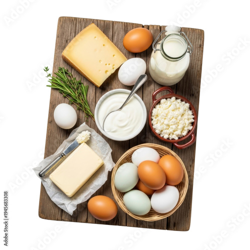 Dairy products and eggs on a wooden board