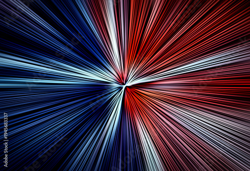 Abstract radial zoom blur surface with red, white and blue streaks creating energetic motion and depth.