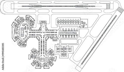 A blurry black and white blueprint map of a large building complex isolated on transparent background