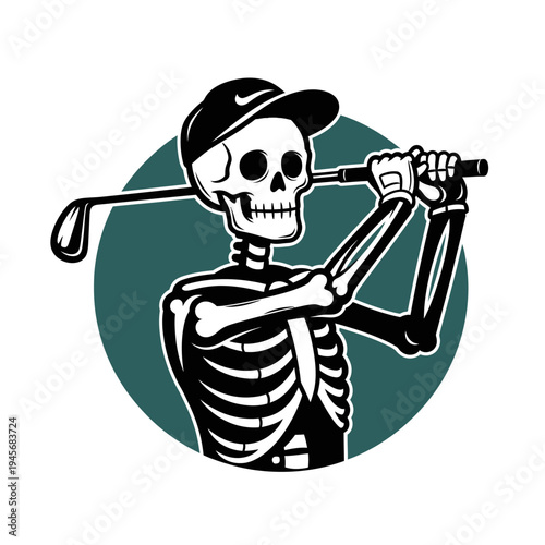Skeleton Golfer Swinging Club, Spooky Halloween Sport Concept