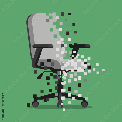Office chair dissolving into pixels, concept of digital transformation, data loss, or remote work