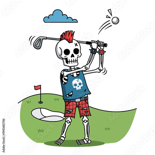 Punk Skeleton Golfer Swinging Club on Green Course, Skull Mohawk, Rocker Style