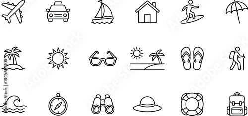 A collection of black and white line icons representing summer vacation travel and leisure activities
