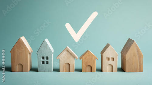 Row of miniature wooden toy houses with a large glowing checkmark hovering over one. Representing home selection, property appraisal, and successful real estate mortgage approval.