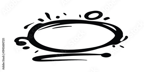 Hand-drawn outline oval shape with abstract ink splashes and lines, graphic element, black and white, copy space
