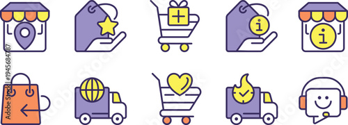 Illustrations depicting various aspects and features of online shopping and delivery services