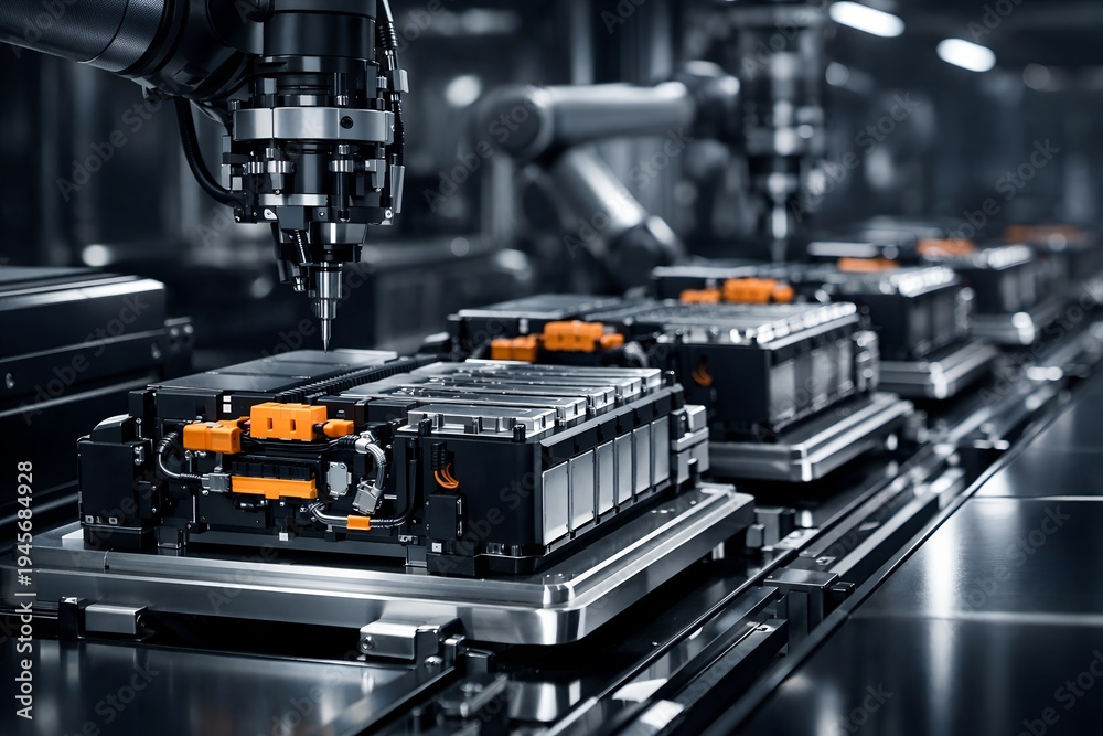 Fototapeta premium Assembly line of mass production electric vehicle batteries 