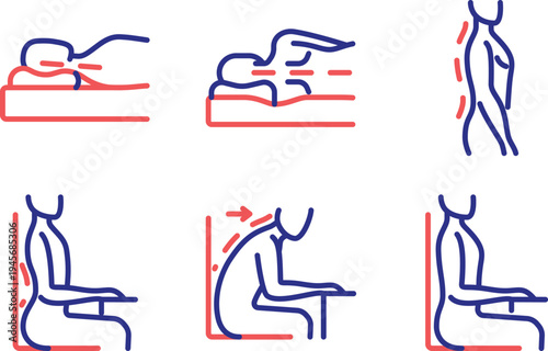 Illustrations of ergonomic postures for various activities and furniture use