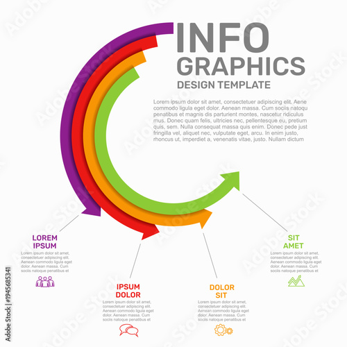 Circular infographic template with arc segments, arrows, and labeled sections for business data visual. Vector illustration.