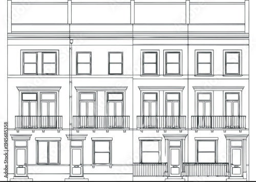 Architectural drawing of a multi story building facade isolated on transparent background