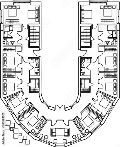 Floor plan of a large u shaped building with multiple rooms and corridors isolated on transparent background