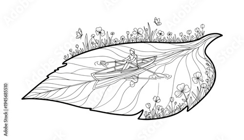 Monochrome line art person rowing boat on large leaf with flowers and butterflies. A tranquil journey symbolizing growth and harmony in nature's delicate beauty