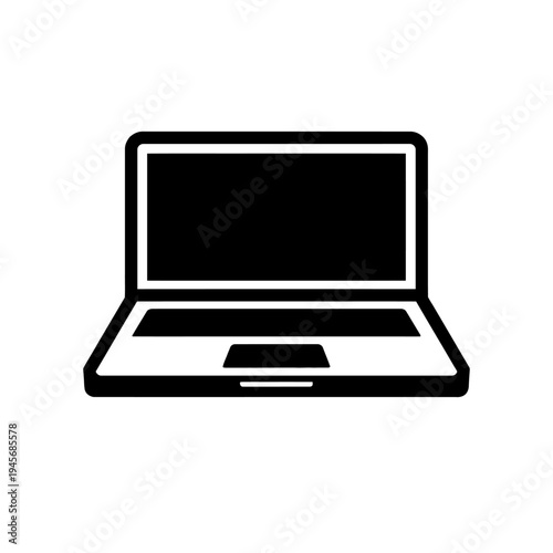 Sleek black laptop icon vector graphic showcasing a modern portable computing device, ideal for technology concepts, digital work, remote learning, internet connectivity, mobile productivity, and prof