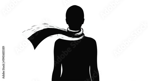 Silhouette of a person wearing a flowing, textured scarf that billows dramatically against the stark white background.