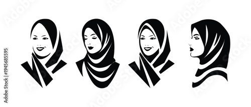 Set of 4 Elegant Muslim Woman Hijab Portraits - Modern Minimalist Vector Silhouette Icons for Islamic Lifestyle & Fashion