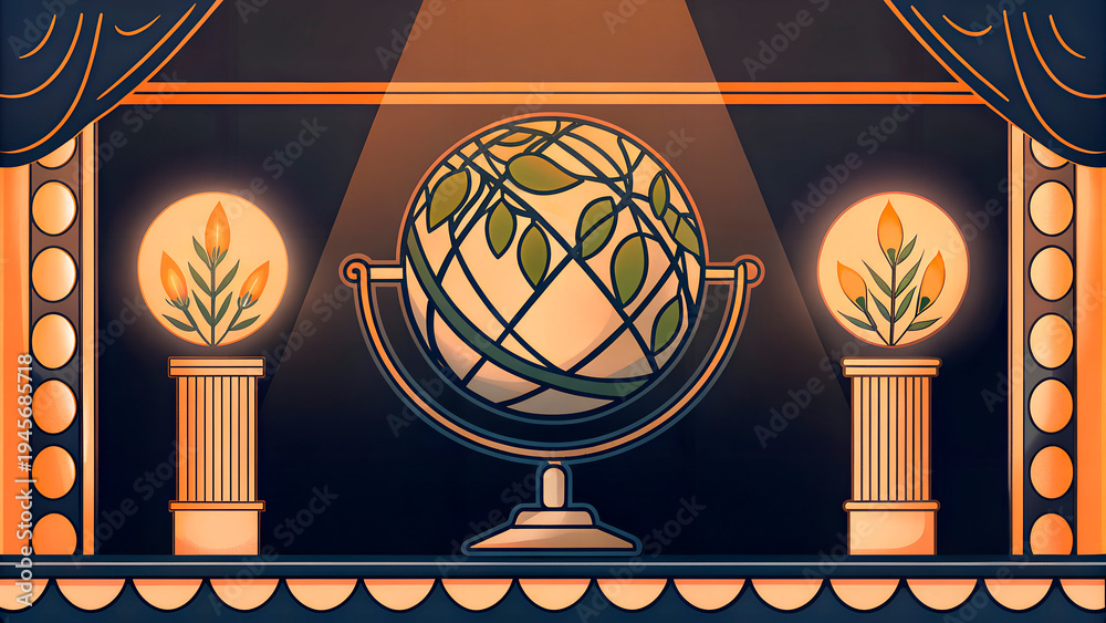 Fototapeta premium Decorative globe with green leaves on pedestal under spotlight, International Earth Day, Art Deco style 