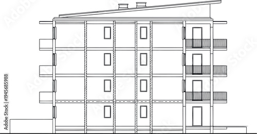 Architectural drawing of a multi story building isolated on transparent background