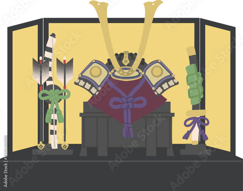 端午の節句の兜飾り（金屏風と台座付き）フラットなベクターイラスト こどもの日・五月人形