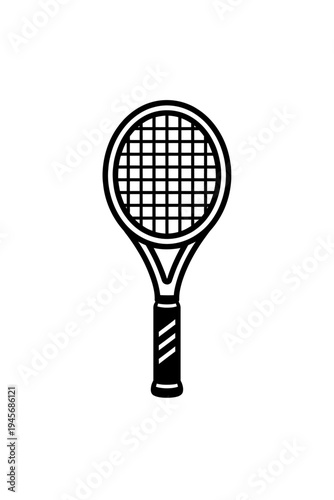 Black and white tennis racket icon for sports and recreation design. This clean vector graphic represents court sports, athletic equipment, and game play. Ideal for web, print, and mobile applications
